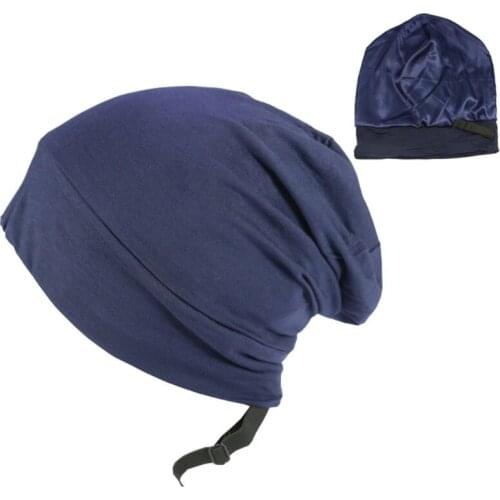 Satin Lined Sleep Hair Cover Bonnet Adjustable Elastic Silky Slouchy Skull Beanie Solid Color Night Sleeping Hat