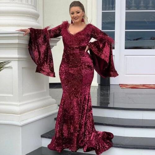Saudi Arabia Burgundy Mermaid Formal Evening Dresses 2021 Sexy Sequined Long Sleeves Couture Dubai Muslim Prom Dress Vestidos