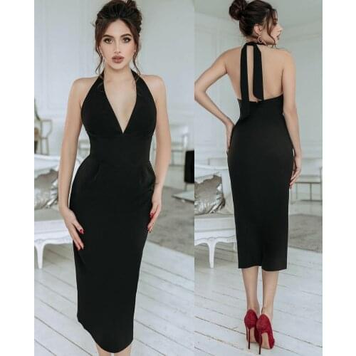 Sexy Short Black V-Neck Evening Dresses Bodycon Tea Length Strappy Stretchy Satin Pleated Formal Party Gowns for Women