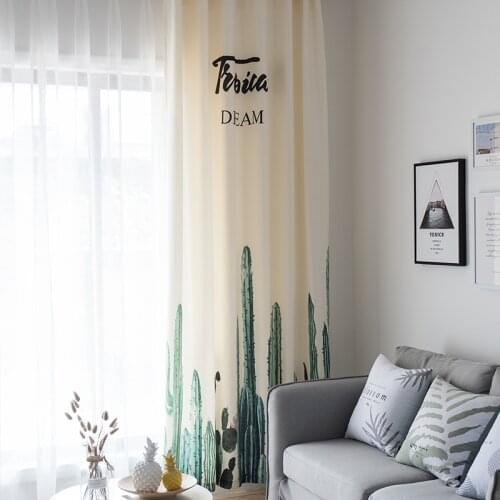 Nordic Curtain Cactus Letters Small Fresh and Simple Printing Curtains for Living Dining Room Bedroom