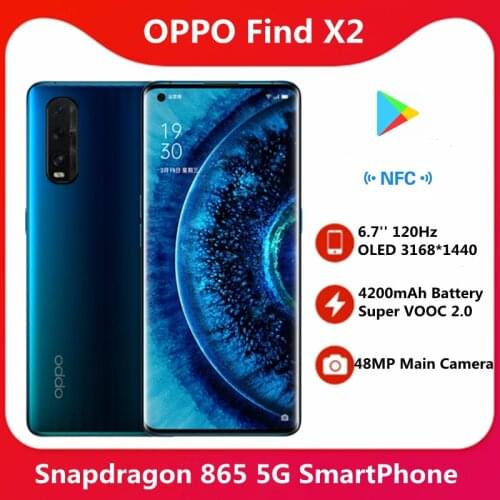 Original OPPO Find X2 5G SmartPhone 8GB RAM 128GB 256GB ROM Snapdragon865 48MP 6.7'' 3168x1440 120Hz Screen NFC 65W Super Charge