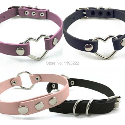 Punk Gothic Handmade Stylish O Rund Heart Shaped Buckle Style Leather Choker Collar Necklace