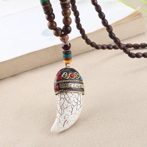 Tibetan Buddhist Mala Wood Beads Necklace Vintage Nepal Charm Ox Horn Pendant Necklace Women Meditation Rosary Necklace Dropship
