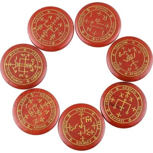 TUMBEELLUWA 1Lot (7Pc) Round Red Stone Palm Stone Engraved Magic Archangel Symbol Chakra Healing Crystal Set