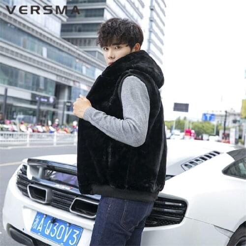 VERSMA Japanese Harajuku Faux Fur Mens Cotton Vests Waistcoats Hip Hop Trendy Streetwear Casual Hooded Vest Men Dropshipping