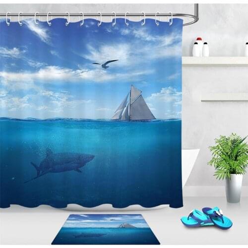Ocean Animal Shark Waterproof Fabric Bathroom Shower Curtain Sea Gull Sailing Bath Curtain Non Slip Floor Mat Home Decoration