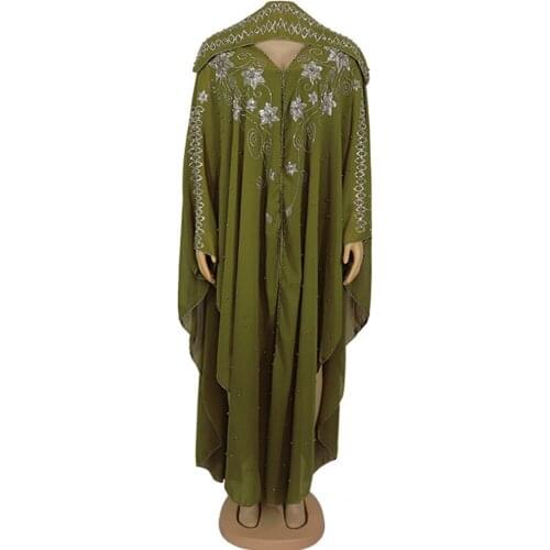 African Ladies Robe Muslim Dress Bat Sleeve Nail Beaded Chiffon Large Size Dress Hooded African Dress + Inner Skirt 2 Pieces Set