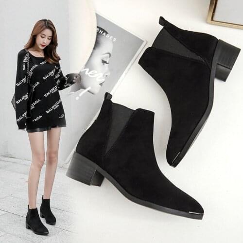 Women Faux Suede&Leather Ankle Boots Low Square Heels Winter Boots Woman Elastic Chelsea Botas Femme Pointed Toe Short Botines