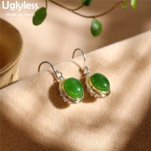 Uglyless Oval Gemstone Women Wedding Dress Earrings Nature Green Jade Jasper Earrings Real 925 Silver Brincos Fine Jewelry E1518