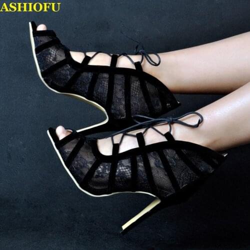 ASHIOFU Hot Sale Handmade High Heel Pumps Air-mesh Lace Leather Lace-up Party Dress Shoes Evening Club Fashion Court Shoes XD268