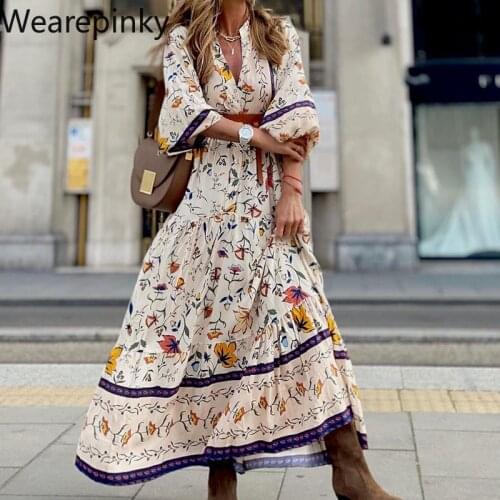 Bohemian Cotton Maxi Dresses for Women 2021 Deep V Neck Loose Beach Dress Holiday Printed Long Sleeve Maternity Boho Long Dress