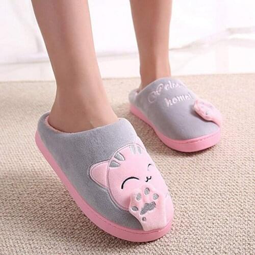 2021 Unisex Winter Indoor Warm Home Slippers Couples Bedroom Cartoon Cat Non-slip Soft Bottom Women And Men Home Plush Slippers