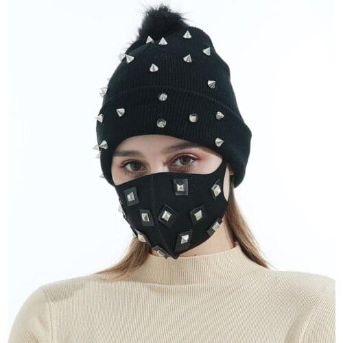 Winter Hat Knitted Beanie with Rhinestones Mask Black Head Face Warmer Sets for Women Rivet Hat Wholesale