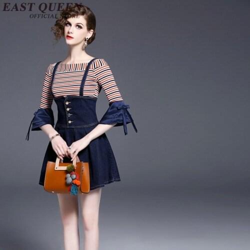2018 Denim dress Jeans causal sundress Slash neck Above Knee Mini Flare Sleeve Striped dress KK740 YX