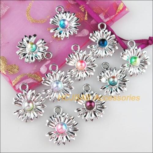 30 New Daisy Charms Colored Acrylic Dull Silver Plated Flower Pendants 20.5x24mm