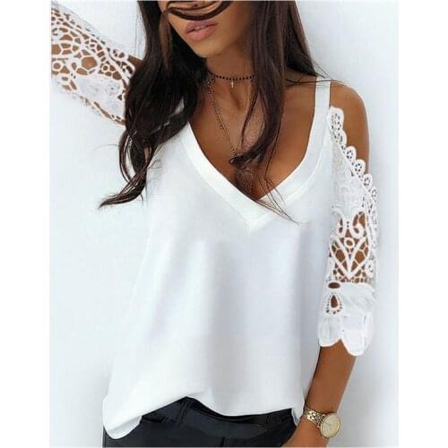 Fashion Women Blouse Shirts Top Solid V neck Lace Patchwork Sexy Shoulder Long Sleeve Blouse Woman Tops