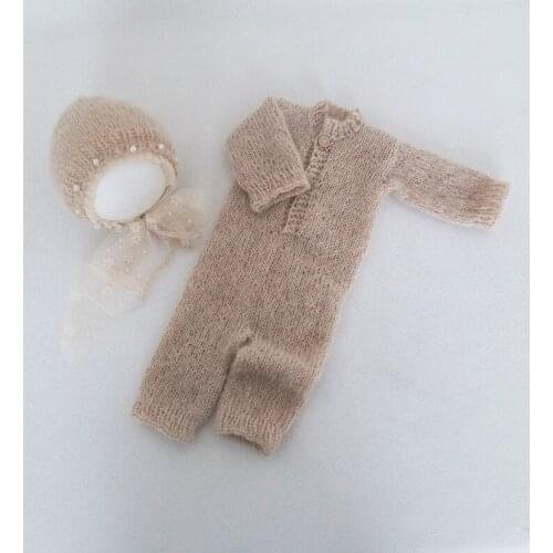 Newborn Pearl Bonnet Set Photography Props Knit Mohair Soft Hat and Hooded Romper Outfit Baby Overall Photo Props