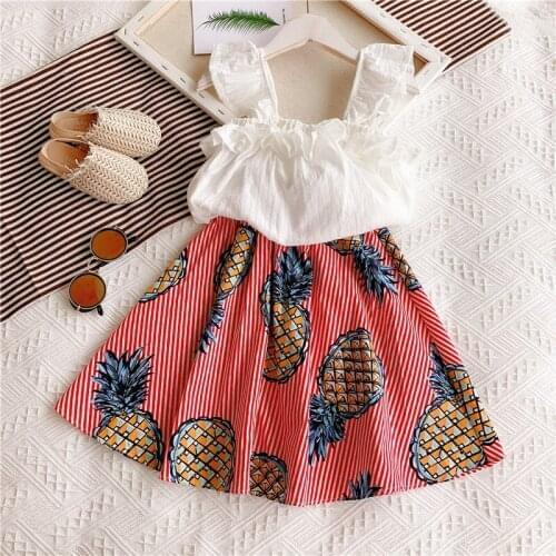 Girls Summer Clothes Sets Solid Sweet Petal Sleeveless Tops+Pineapple Fruit Print Short Skirt 2 Pcs Outfits For Children