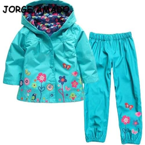 2021 New Spring Kids Girl 2-pcs Sets Print Hooded Jacket + Elastic Waist Pants Windproof and Rainproof Children Outfits E009