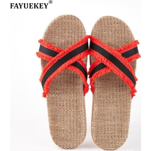 FAYUEKEY 2019 Summer Home Flax Breathable Slippers Women Floor Outdoor Beach Coquette Slides Sandals Flat Shoes