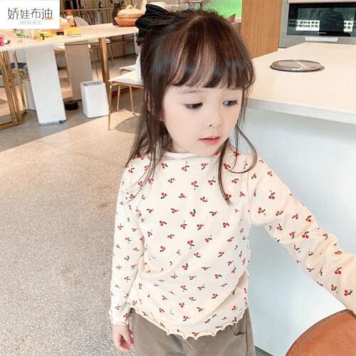 Girls' undershirt spring and autumn long sleeve baby floral top childrens half high collar close skin ear edge T-shirt P4484