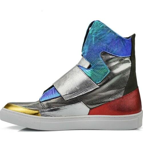 Mens Round Toe Match Colors Genuine Leather High Top Sneakers Lace Up Casual Punk Motorcycle Shoes Skateboard Plus Size L007