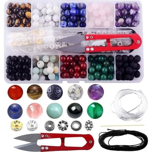 Gem Bead Box Set 240 Round Loose Stones Natural Amethyst Lava Mixed Color Bracelet Jewelry Making Tool Kit