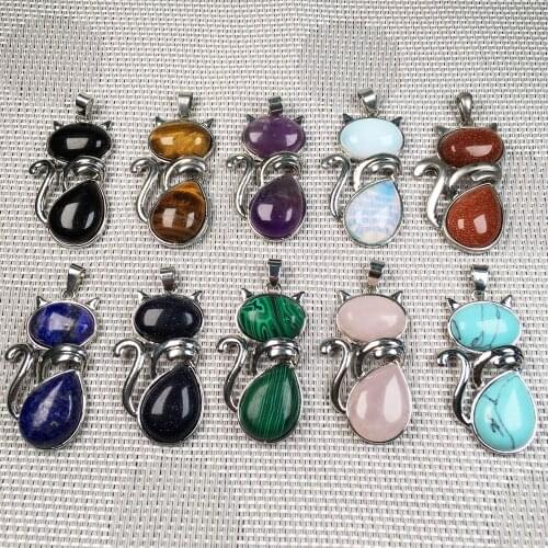 Natural Stone Agates Crystal Pendant Charms Kitten Shape Necklace Pendants for Jewelry Making DIY Supplies Fit Necklace 25x45mm