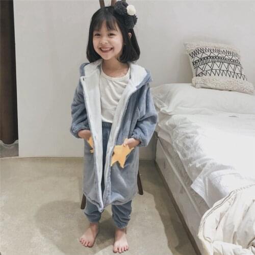 New Girls Spring Autumn Bathtobe Princess Star Nightgown Long Coral Velvet Pajmas Leisure Home Wear Children Warm Sleepwear