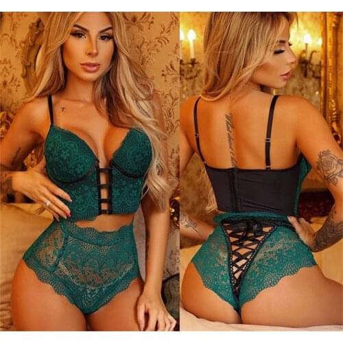 New underwear set womens sexy lingerie set lace suspenders sexy mesh perspective panties Underwire padded cup bra set