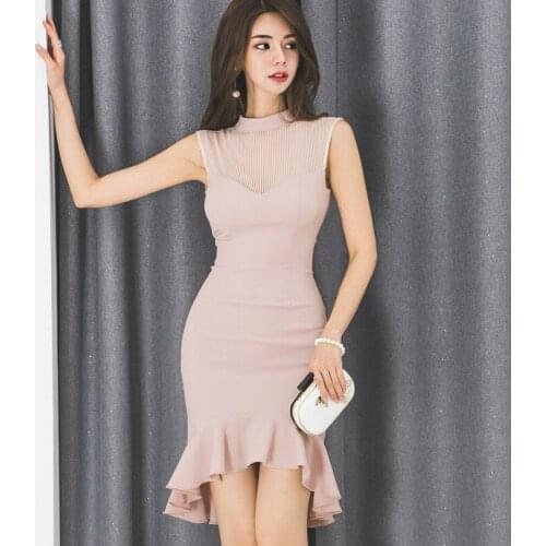 Sleeveless Sheath Ruffle Pink Dress Summer 2020 Women Vintage Elegant Bodycon Ladies Dresses Women Club Wear Mini Dress Vestidos