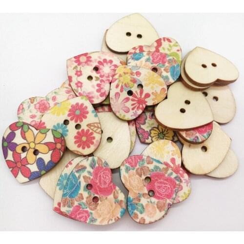 100PCs Wooden Buttons Mixed Color Heart Pattern Decorative Buttons 2 Holes Fit Sewing Scrapbooking Craft DIY 13x15mm
