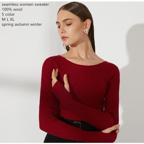 Naizaiga seamless 100% wool o neck solid pullovers pink red black white slim long sleeve sweater DSFS22