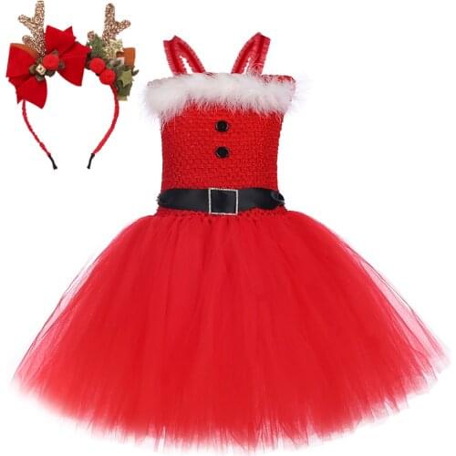 Christmas Tutu Dress for Girls Kids Santa Claus Costumes Princess Girl Dresses with Deer Headband Children Xmas Outfit Clothes