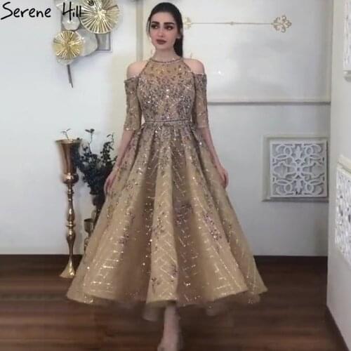 Serene Hill Gold A-Line Luxury Evening Dresses Wedding Party 2021 Half Sleeves Beading For Woman Dresses LA71051