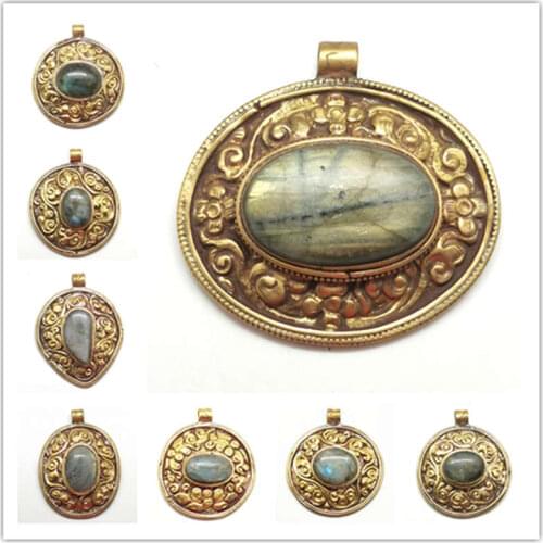 TBP525 Indian Handmade Vintage Pendants Copper Capped Natural Labradorite Big Pendant