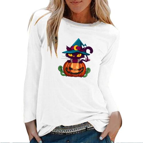 Cat Pumpkin Printing Halloween Long Sleeve Top Women Autumn Winter Graphic T Shirts Streetwear White O Neck Harajuku Top Female