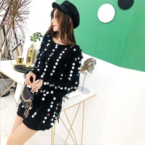 Womens Clothing 2018 Winter New All Hand-sewn Sequins Mohair Sets Of Round Neck Long-sleeved Sweater Women
