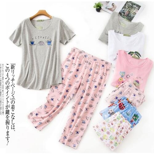 Women Short Sleeve Pajamas Cotton Print Round Neck Lounge Wear Calf-Length Pants Two Piece Set Summer Sleepwear Plus Size Pijama
