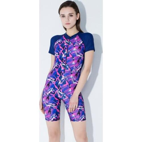 Summer Beach High Quality Sport One Pieces Swimwear Women Zipper Surfing Snorkeling Swimsuit with Sleeves Print Bathing Suit