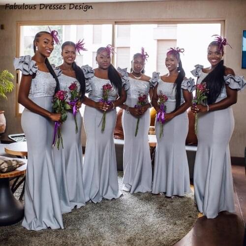 Bling Sequin Long Bridesmaid Dresses Mermaid Ruffles Off Shoulder Beaded 2021 Women Wedding Party Dress Maid Of Honor