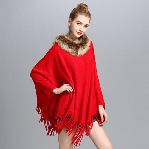 2018 Lady Knitted Poncho Autumn Winter Shawl Fashion Hollow Sweater with Tassels Wrap Batwing Sleeves Faux Fur Pullovers