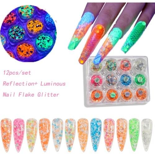 12Jars/Set Reflection+ Luminous Nail Flakes Glitter Mix-Size Mirror Chunky Confetti Night Brighten Nail Art Sequins +MT/2021
