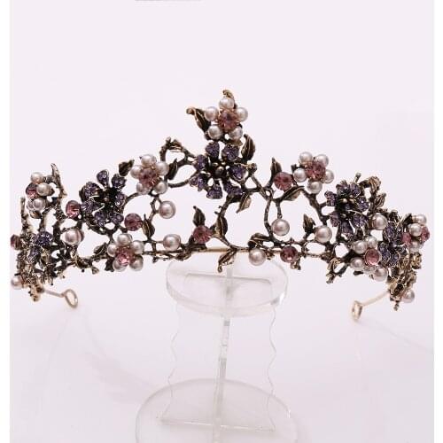 Baroque Vintage Black Purple Crystal Pearls Bridal Tiaras Crown Rhinestone Pageant Diadem Veil Tiara Wedding Hair Accessories