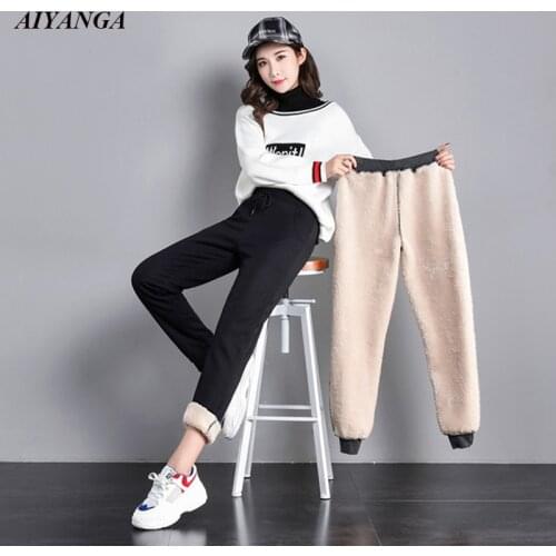 New Thick Fleece Pants Female Warm Pants Women 2018 Elastic Waist Winter Trousers For Women Lamb cashmere Trousers Black Gray