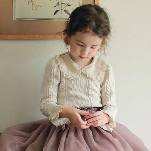 DFXD 2020 Autumn Children Clothing Lace Turn Down Collar Wave Knitted Girls Blouse Shirt Elegant Princess Kids Girl Tops 2-10Yrs