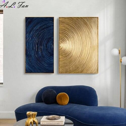 Wood grain rings, rings annual blue gold contrast color combination decorative painting abstract circle Nordic canvas artistic