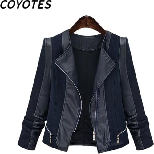 COYOTES PU Leather Jackets Coats Women Turn-down Collar Zipper Jacket Womens Patchwork Slim Overcoats Simple Elegant Outwear