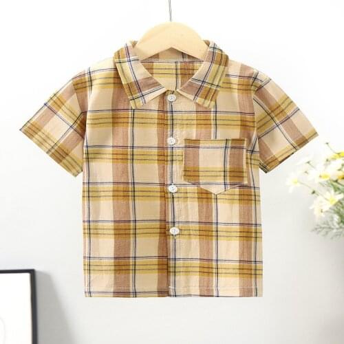 Summer Children Shirt 1-3-7 Years Kids Clothes Tops Trendy Boys Plaid Shirt Leisure Short Sleeve Tops Big Boy Lapel Shirt