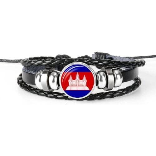 BRUNEI CAMBODIA LAOS Southeast Asia National Flag Women Mens Braided Leather Bracelet Glass Cabochon Charm Multilayer Bracelet